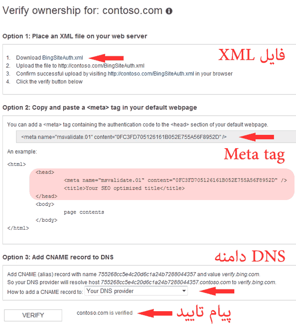,معرفی نقشه سایت, وبمستر بینگ ,تایید هویت از طریق DNS دامنه.تایید هویت با Meta tag,تایید هویت با فایل XML,معرفی سایت به بینگ, تایید هویت وبمستر,ساخت اکانت وبمستر بینگ, معرفی سایت, وبمستر بینگ,موتور جستجوی بینگ,وبمستر بینگ